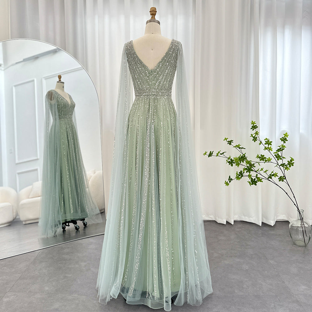 Luxury Beaded Nude Evening Dress with Cape Sleeves