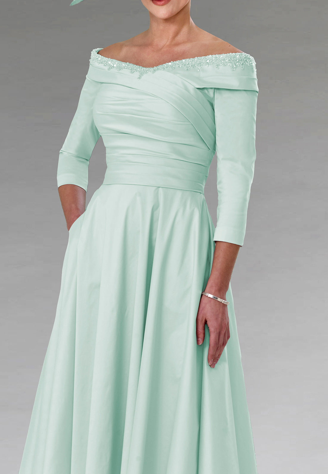 Off-Shoulder Long Sleeves Pleated A-Line Mother of Bride Dress