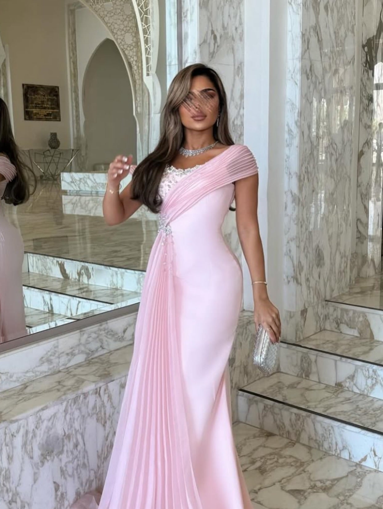 Elegant pink Mermaid Evening Dress with Overskirt
