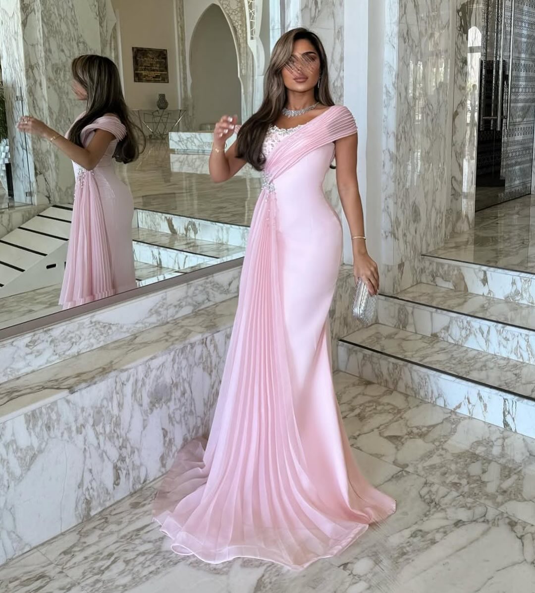 Elegant pink Mermaid Evening Dress with Overskirt