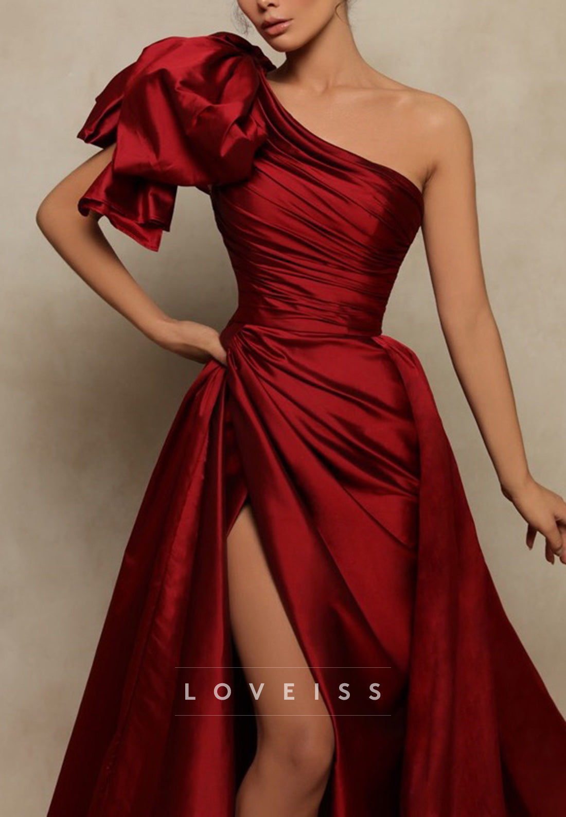 One Shoulder Sleeveless Ruched High Slit Sheath Prom Dress