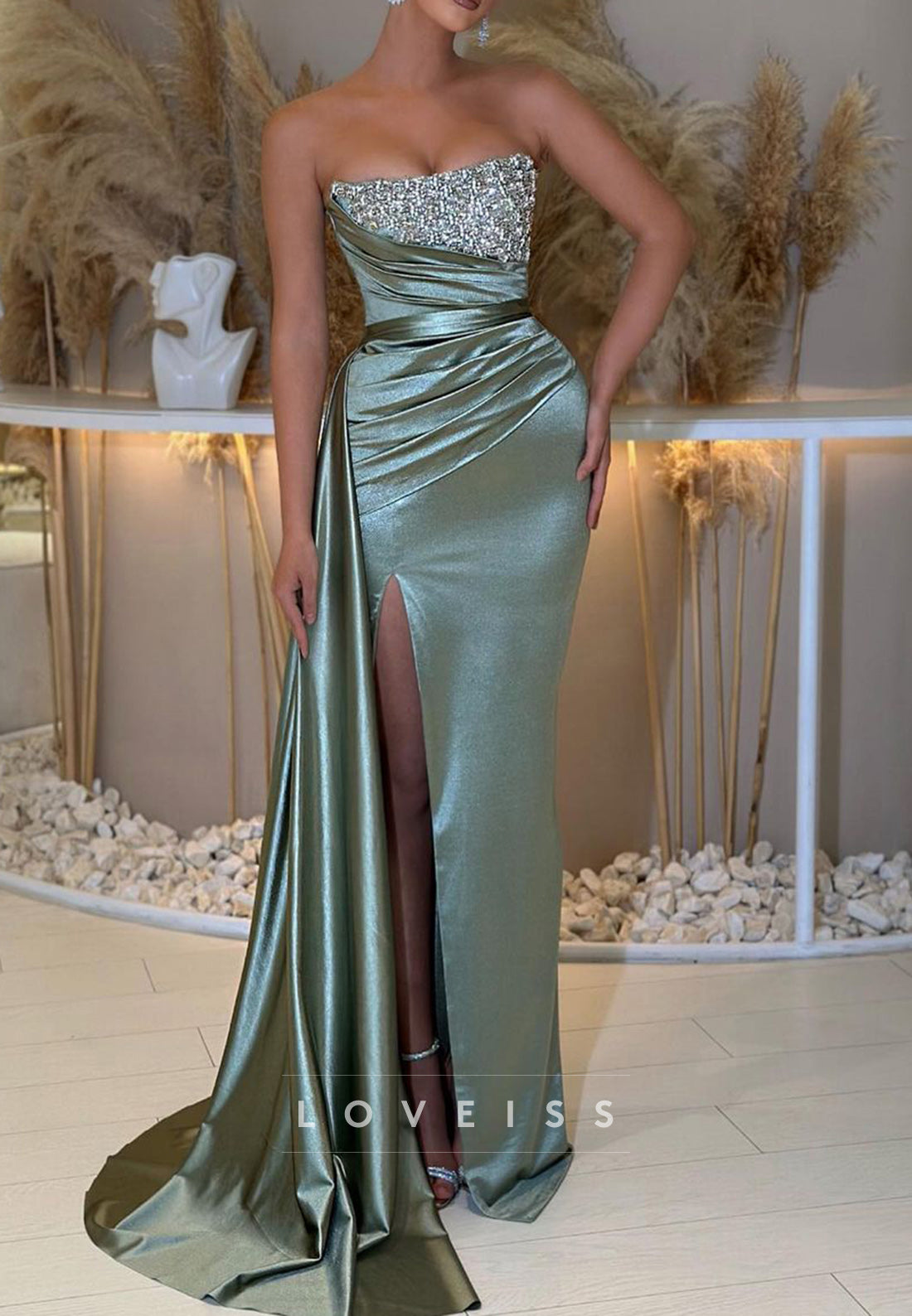 Scoop Strapless Beaded Ruched High Slit Prom Dress