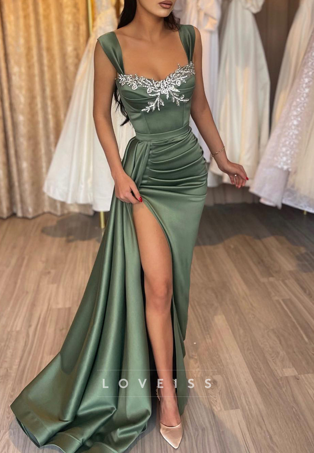 Sweetheart Sleeveless Ruched High Slit Appliques Sheath Prom Dress