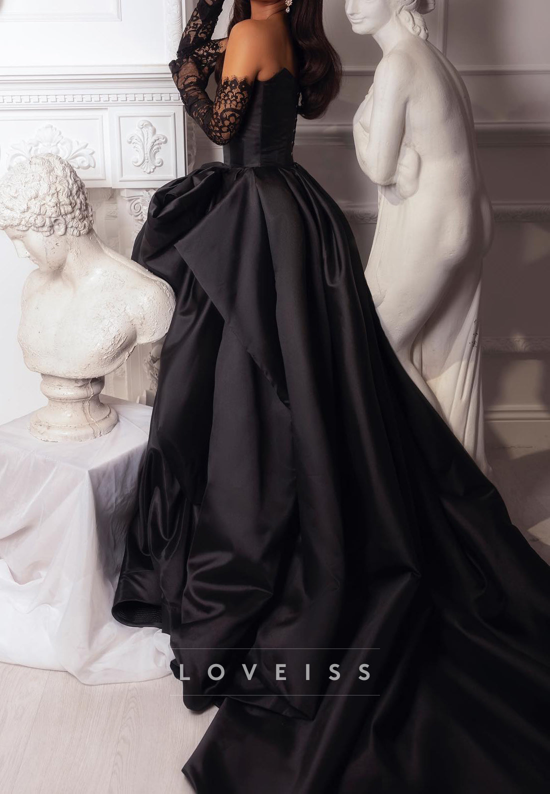 V-Neck Appliques Sleeves Sleek High Slit Ball Gown Prom Dress