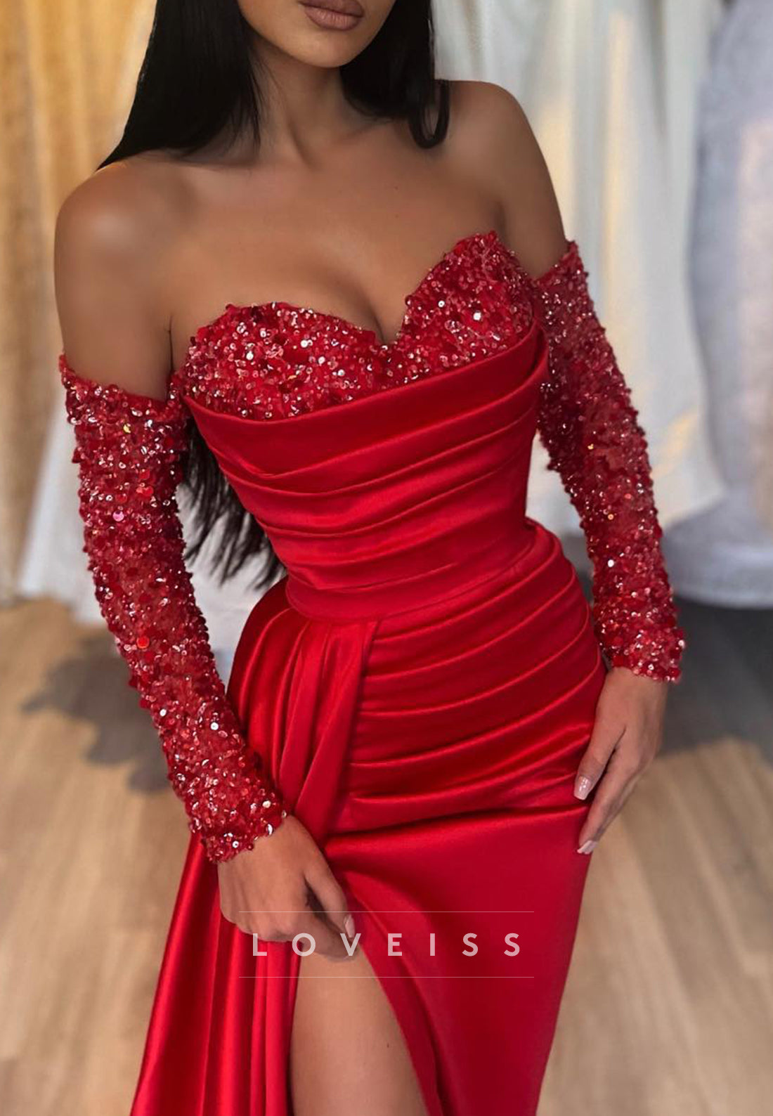 Sweetheart Sleeveless Sequins Ruched High Slit Sheath Prom Dress