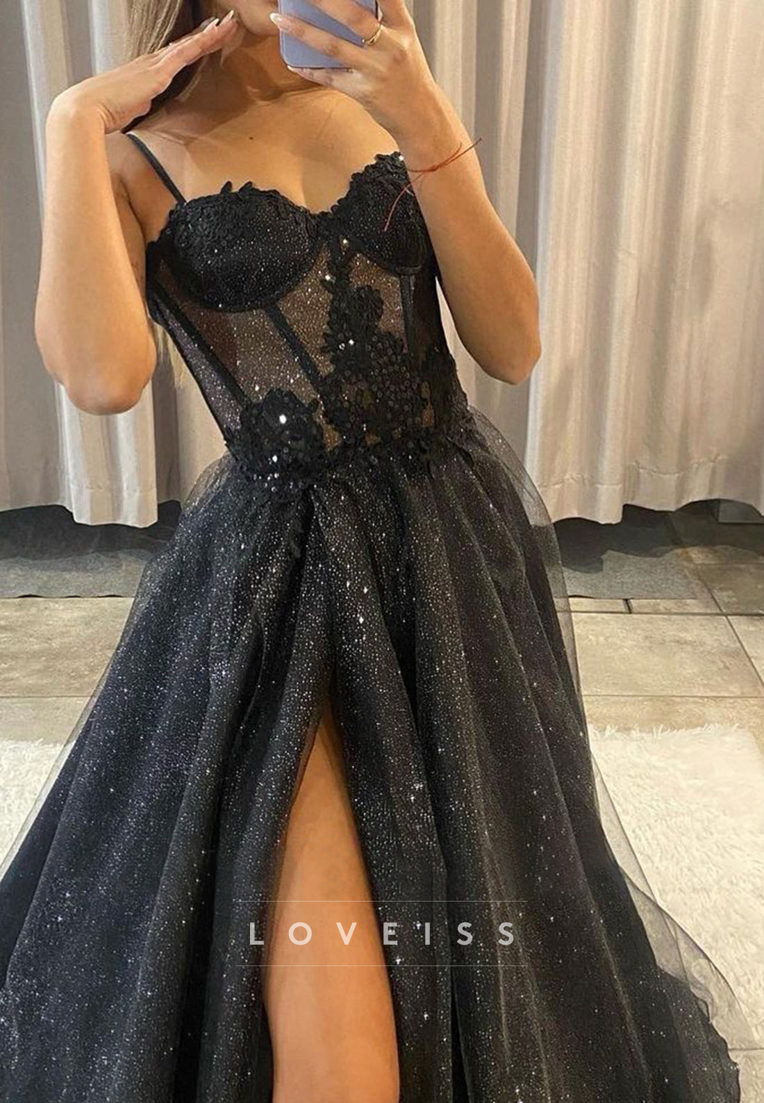 Sweetheart Sleeveless Appliques Tulle High Slit A-Line Prom Dress