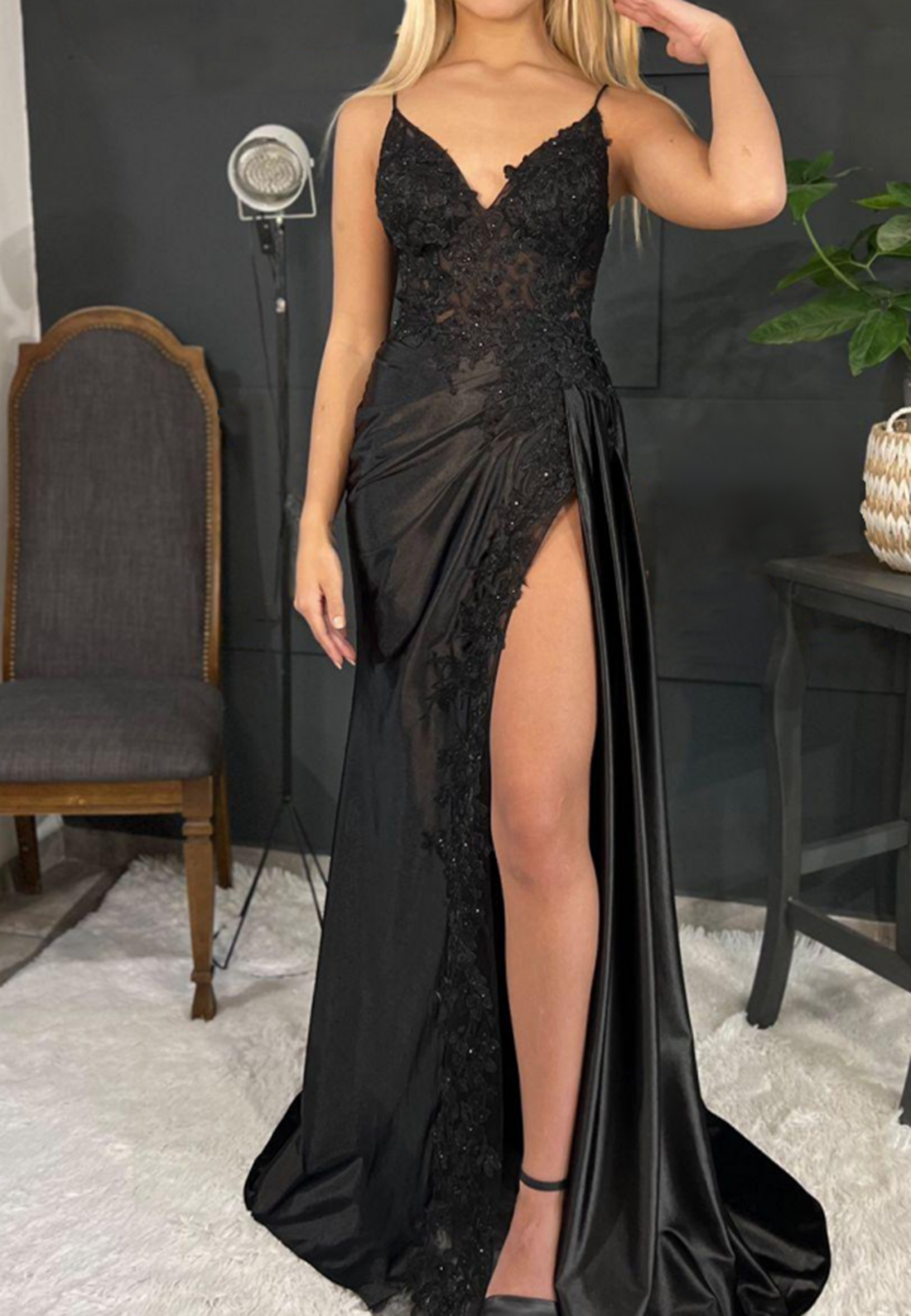 V-Neck Spaghetti Straps Appliques Ruched High Slit Prom Dress