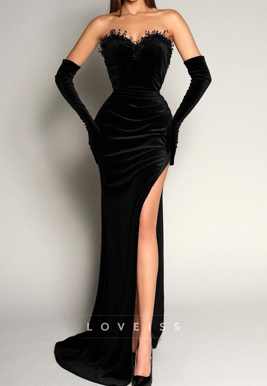 Sweetheart Sleeveless Appliques Mermaid High Slit Prom Dress