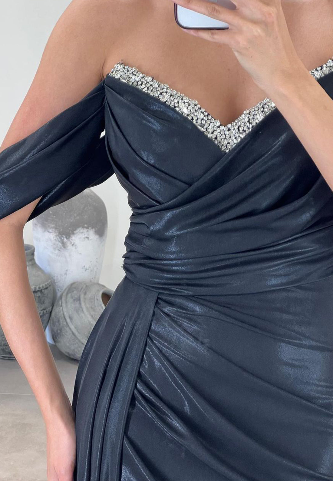 Off-Shoulder Strapless Beaded Pleated Sheath Prom Dress