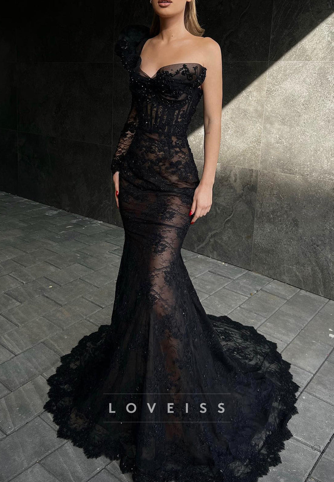 One Shoulder Long Sleeves Lace Appliques Sheer Mermaid Sexy Formal Dress