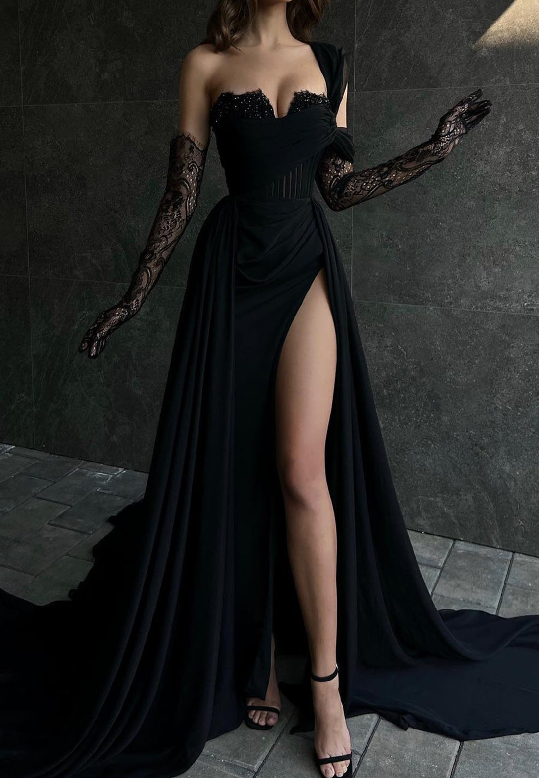V-Neck Appliques Sleeves High Slit A-Line Prom Dress