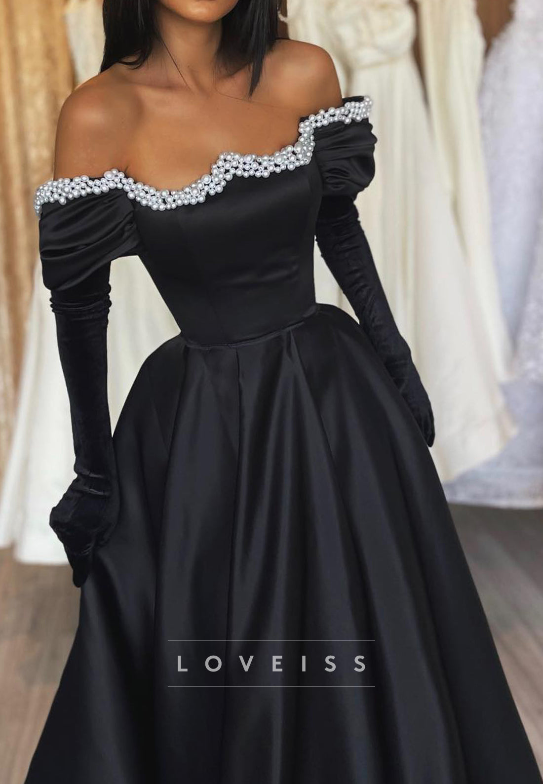 Off-Shoulder Long Sleeves Beaded Pleated A-Line Prom Dress