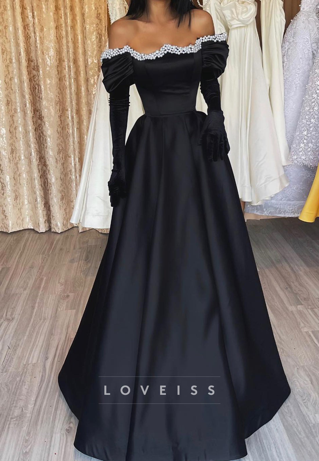 Off-Shoulder Long Sleeves Beaded Pleated A-Line Prom Dress