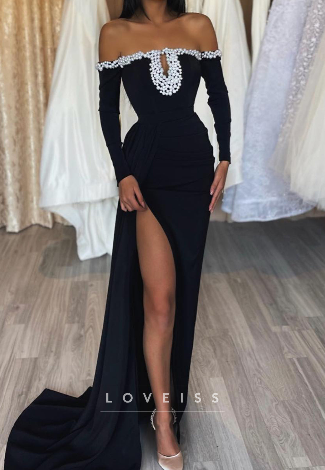 Off-Shoulder Long Sleeves Beaded High Slit Sheath Prom Dress