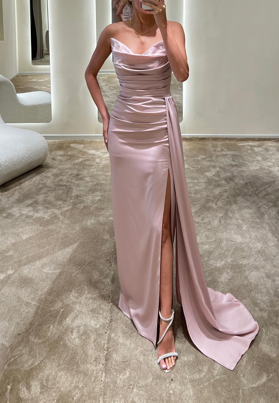 V-Neck Sleeveless Ruched Pleated Sheath Formal Dress