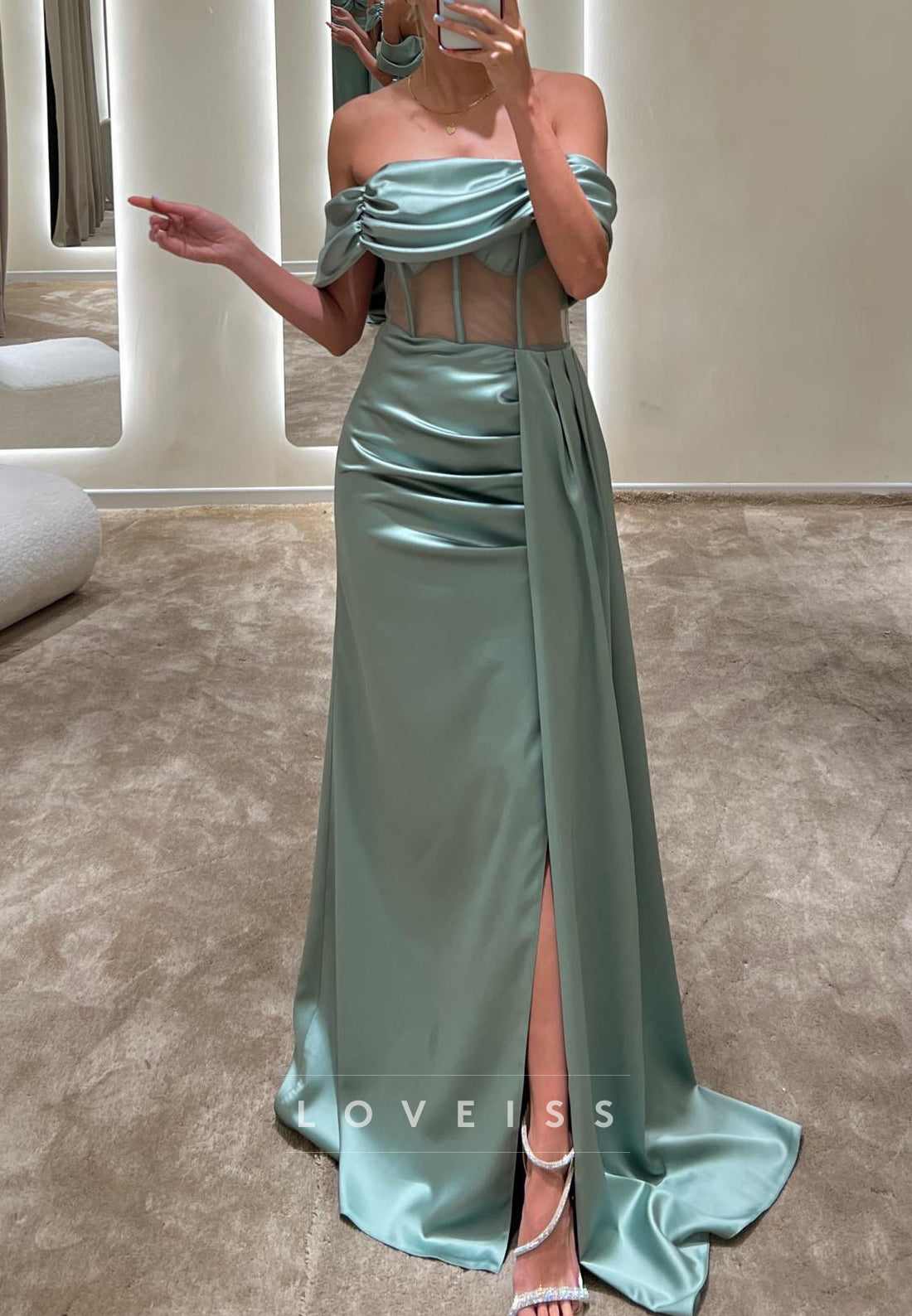Off-Shoulder Strapless Sheer Ruched Pleated Sheath Prom Dress