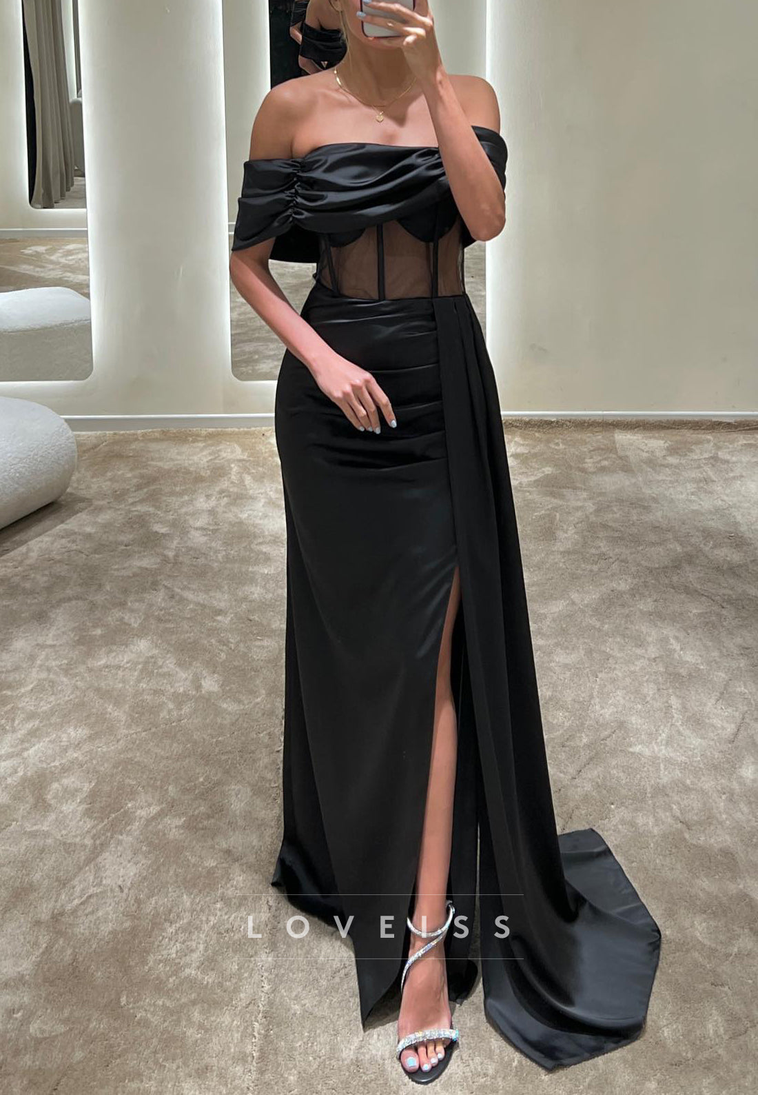 Off-Shoulder Strapless Sheer Ruched Pleated Sheath Prom Dress