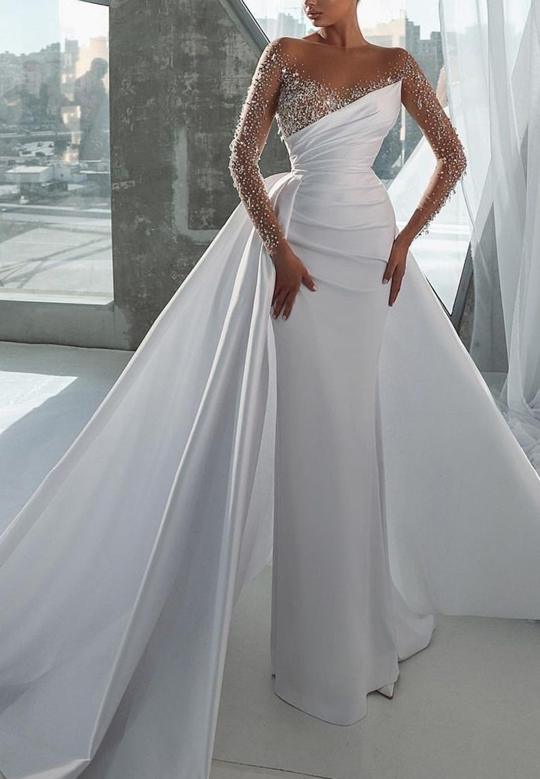 V-Neck Long Sleeves Beaded Sheath Sparkly Wedding Dress Loveiss V-Neck Long Sleeves Beaded Sheath Sparkly Wedding Dress Loveiss