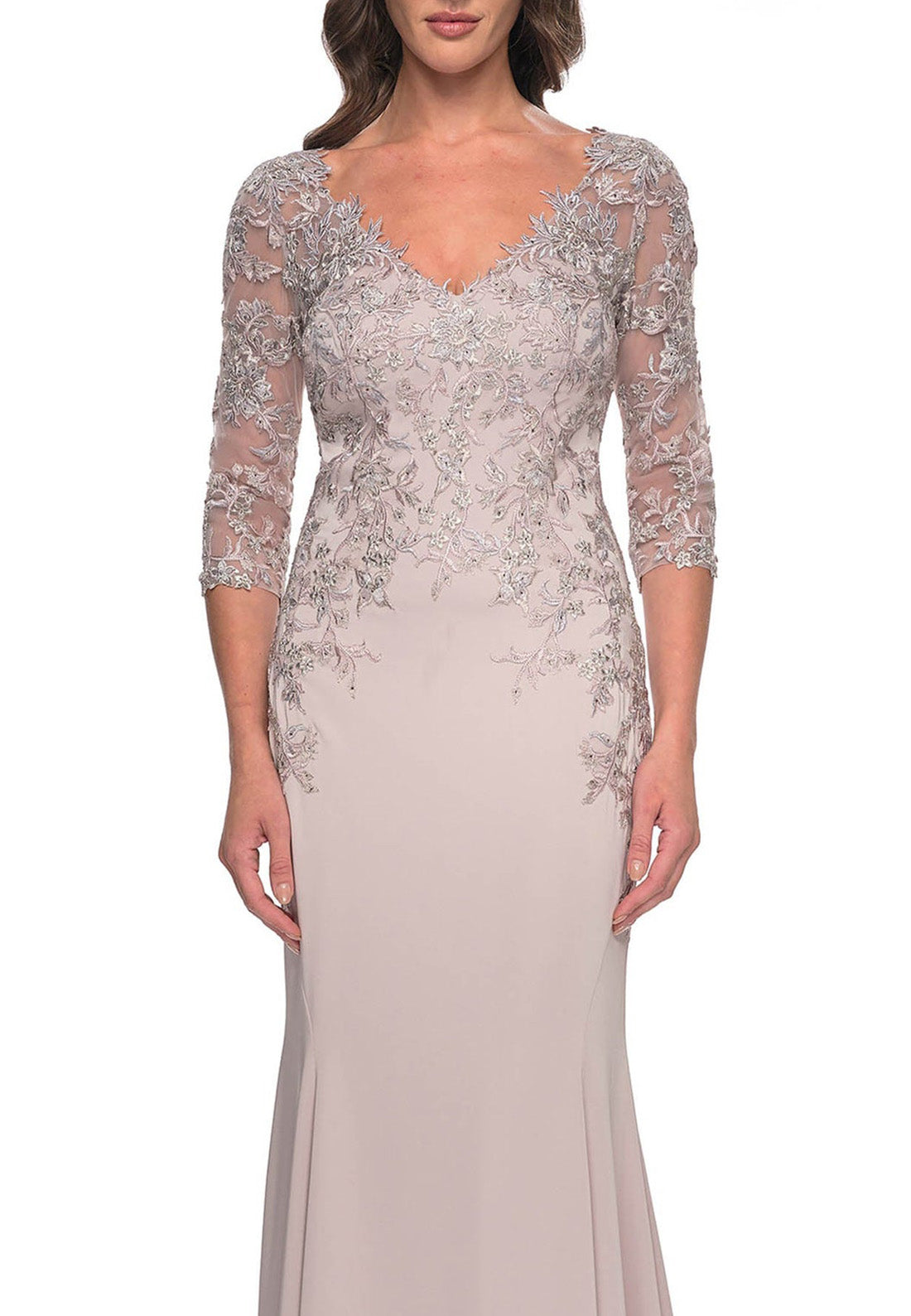 V-Neck Long Sleeves Appliques Sleek Mermaid Mother of Bride Dress