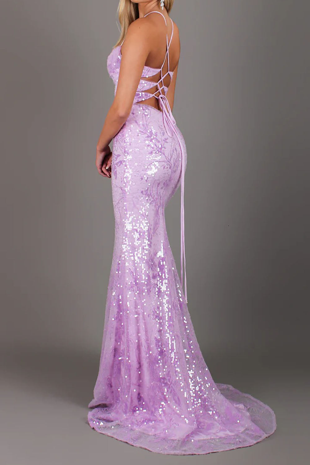 Lavender Purple Sequin Mermaid Long Prom Dress with Lace Appliques