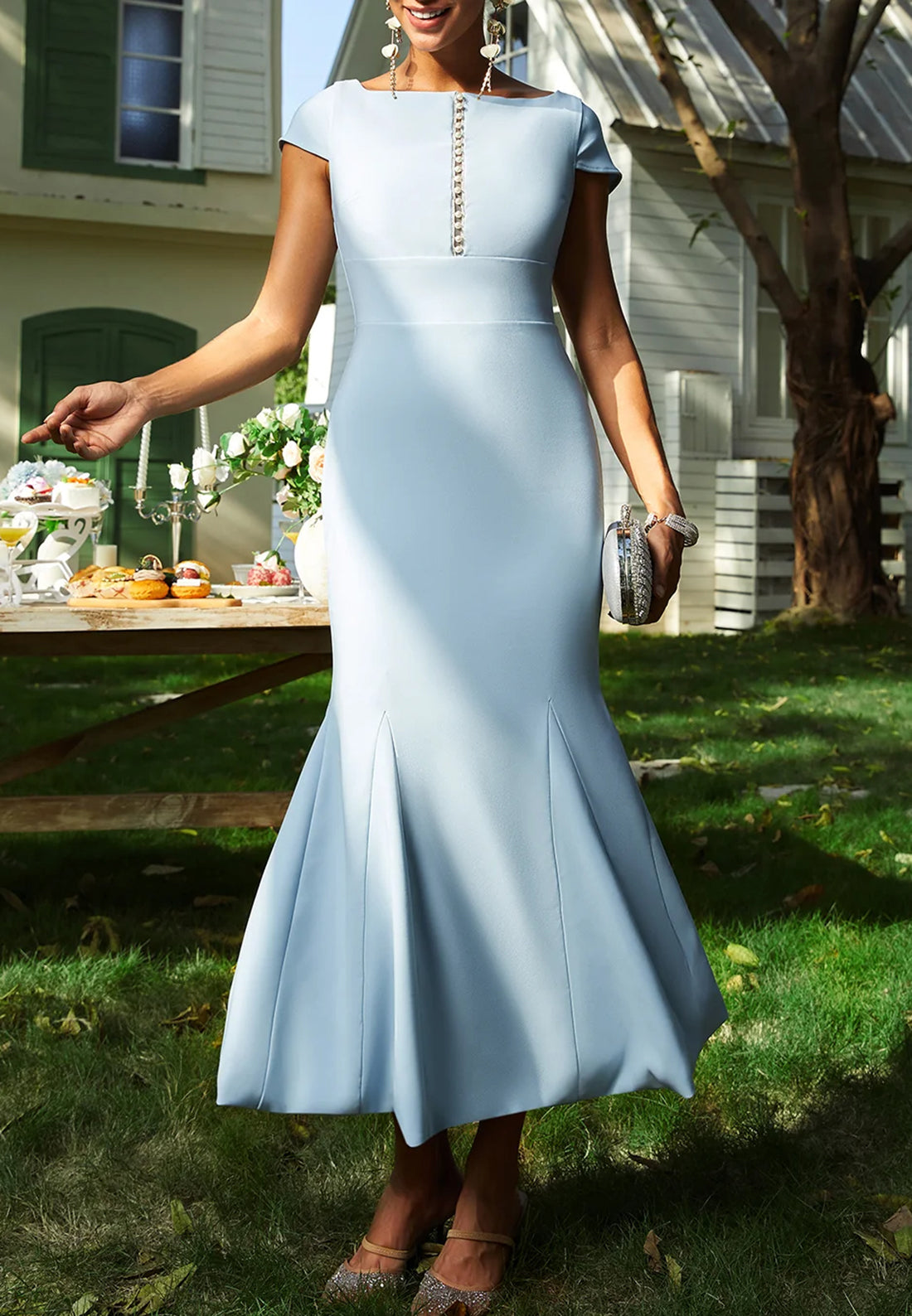 square neck short sleeve maxi dress Ever-Pretty Inclusive Plus Size Maxi Bridesmaid Stain Dress with Square Neck & Slit