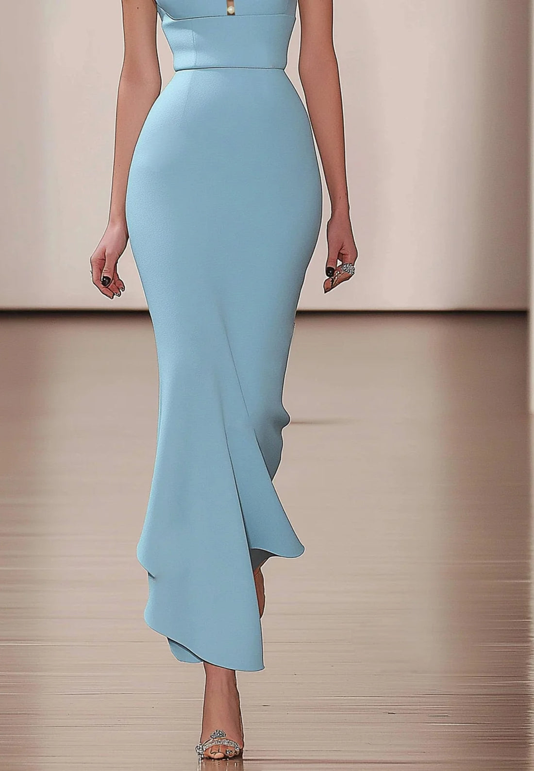 Light Blue Imitation Pearls Square Neck Short Sleeve Maxi Dress