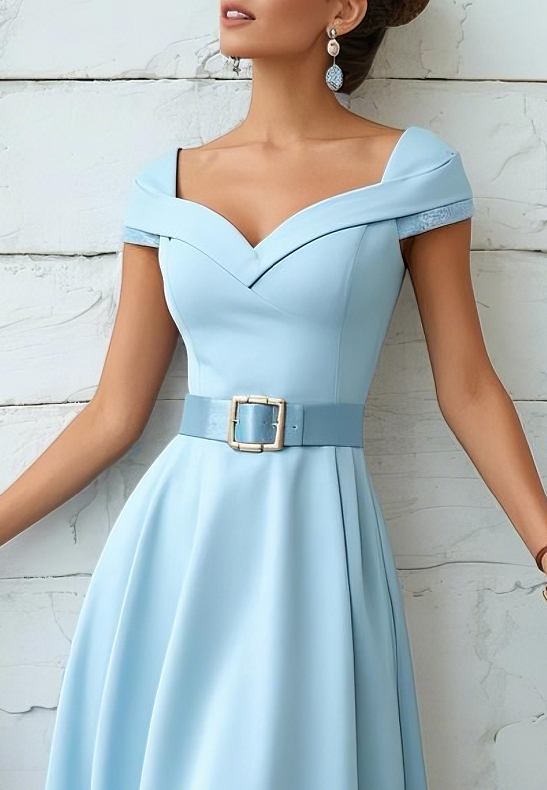 Light Blue Lace Classic V Neck Short Sleeve A-Line Midi Dress