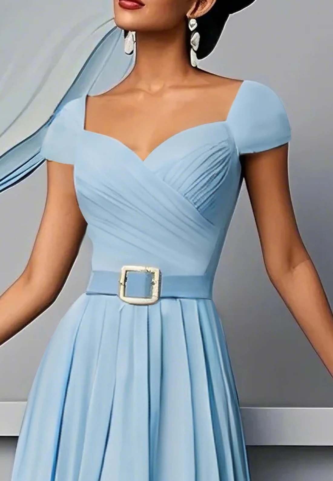 Light Blue Pleated Ruched Sweetheart Neckline A-Line Maxi Chiffon Dress