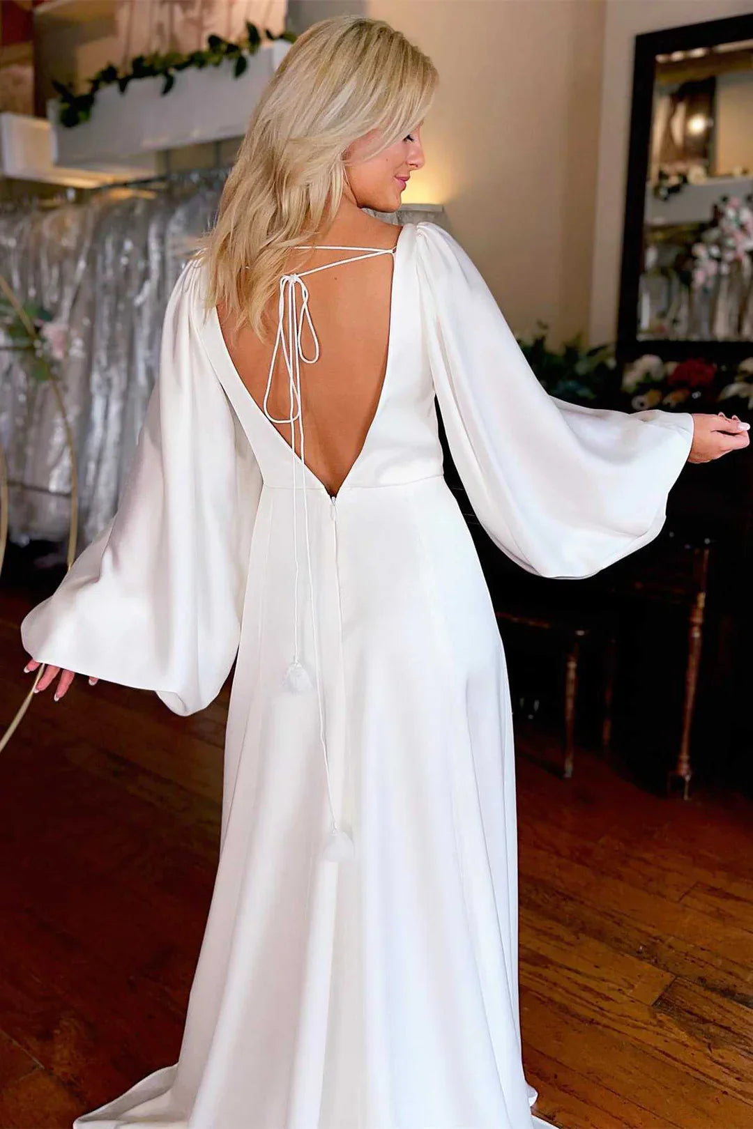 Long White Wedding Dresses V-Neck Slit with Sleeves Backless