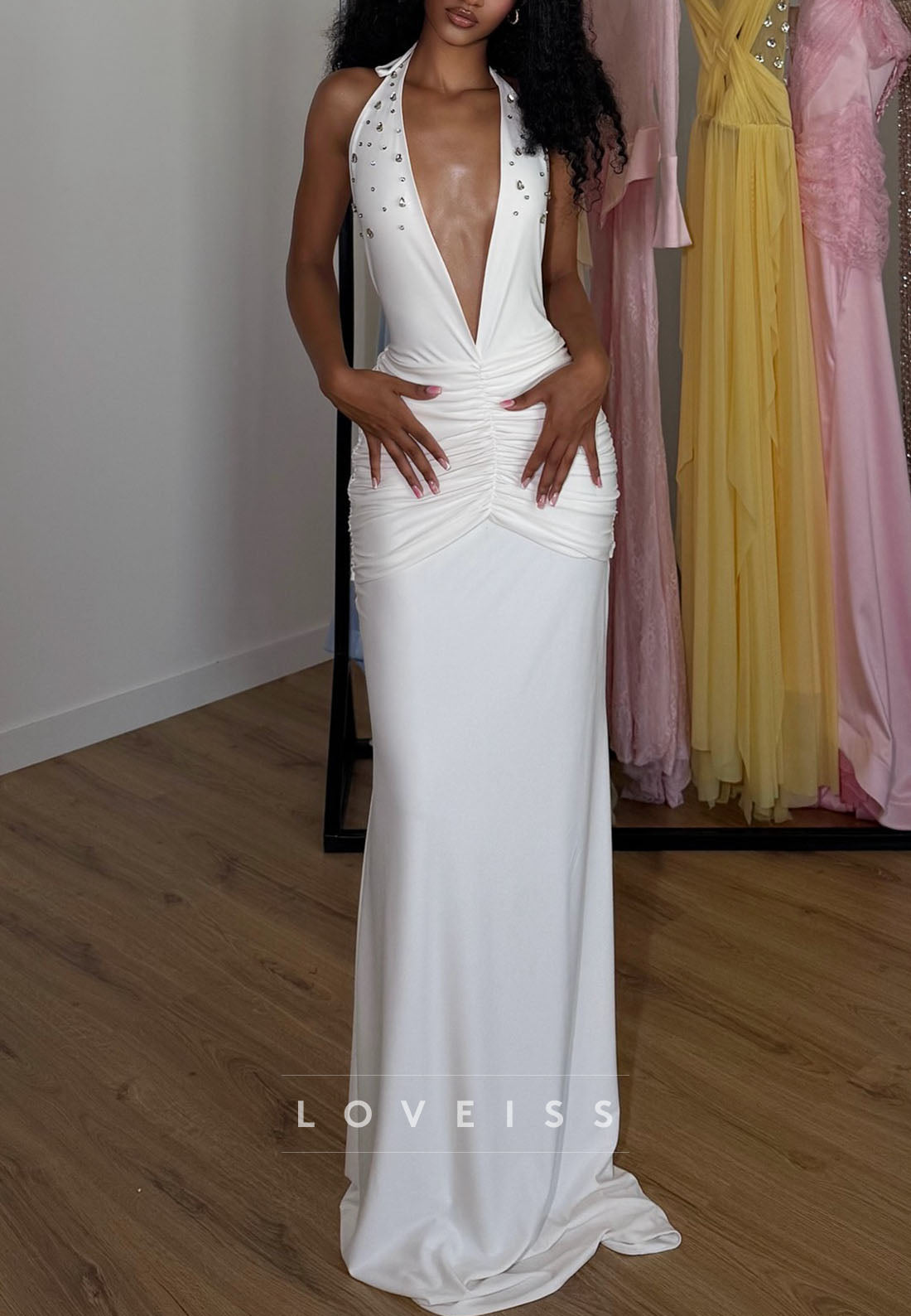 Low V-Neck Halter Backless Pleated Mermaid Evening Dress