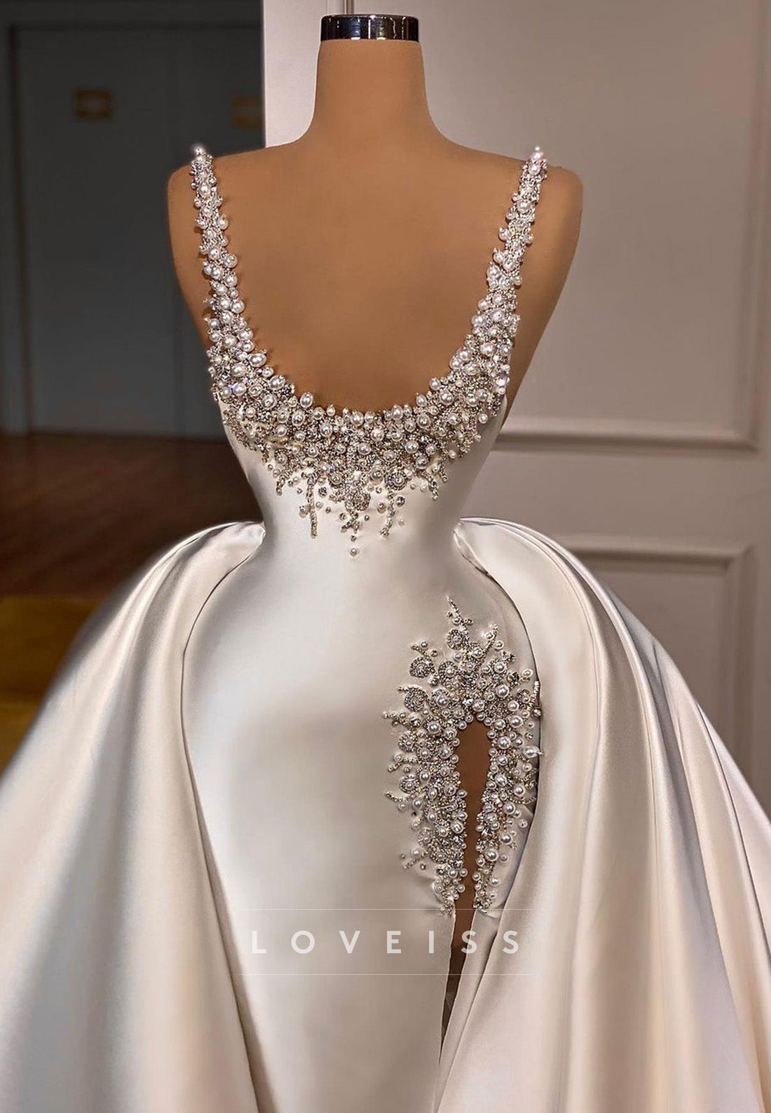 Low V-Neck Sleeveless Beaded Sleek Sheath Satin Wedding Dress