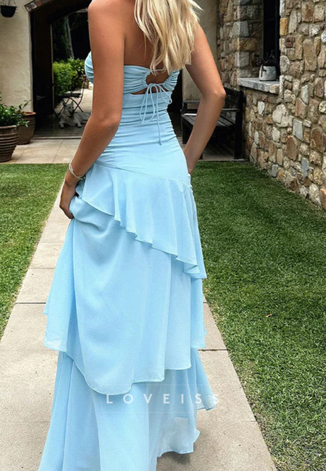 Blue Strapless Ruffles Sleeveless Chiffon Long Prom Party Dress
