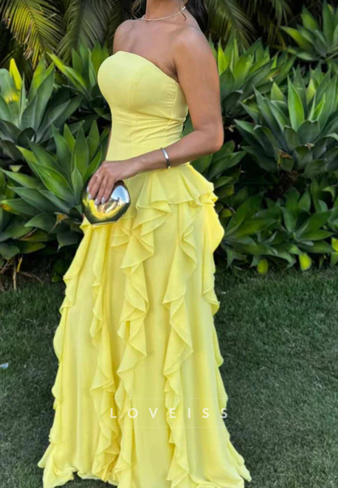 A-Line Strapless Multi-Layered Ruffled High Slit Prom Dres