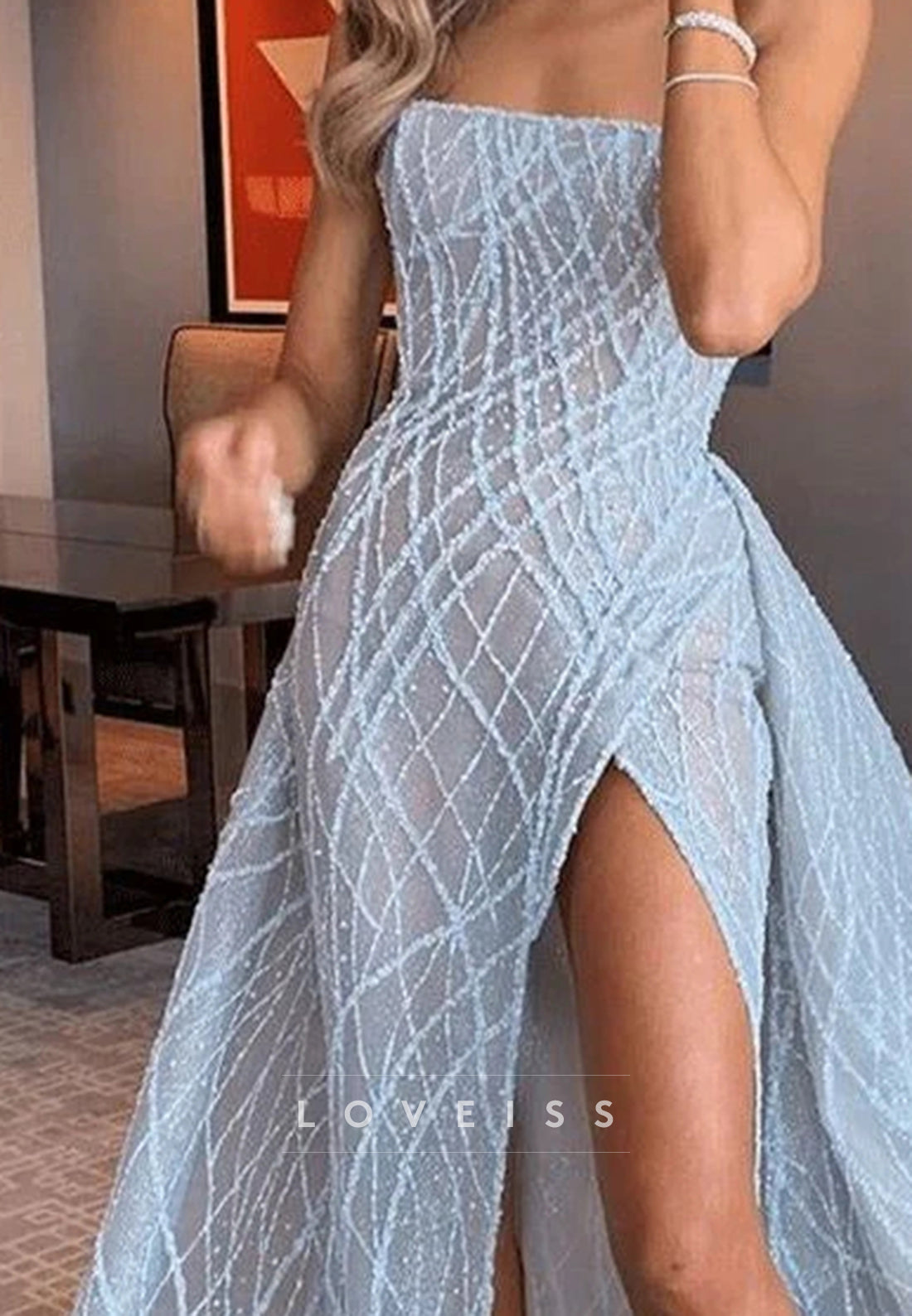 Blue A-Line Strapless Beaded High Slit Sleeveless Long Prom Formal Dress