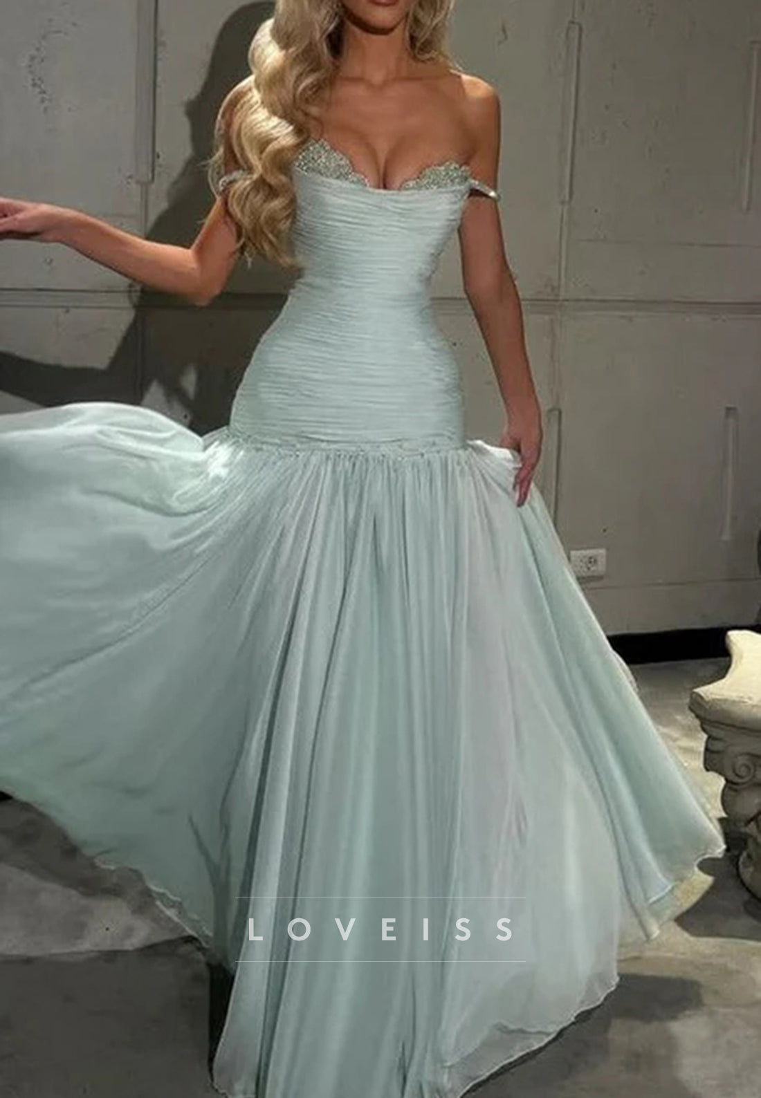 Off-Shoulder A-Line V-Neck Pleats Empire-Waist Long Evening Prom Dress