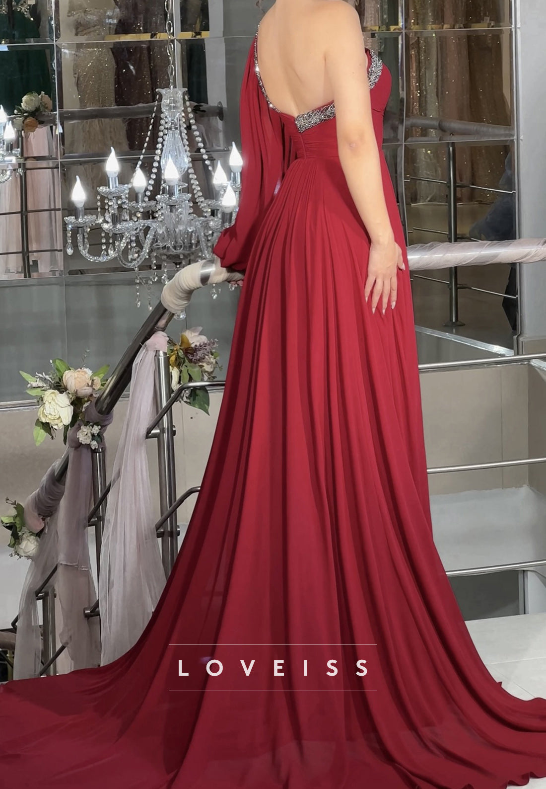 One Shoulder Sleeveless Pleated Beaded A-Line Prom Dress