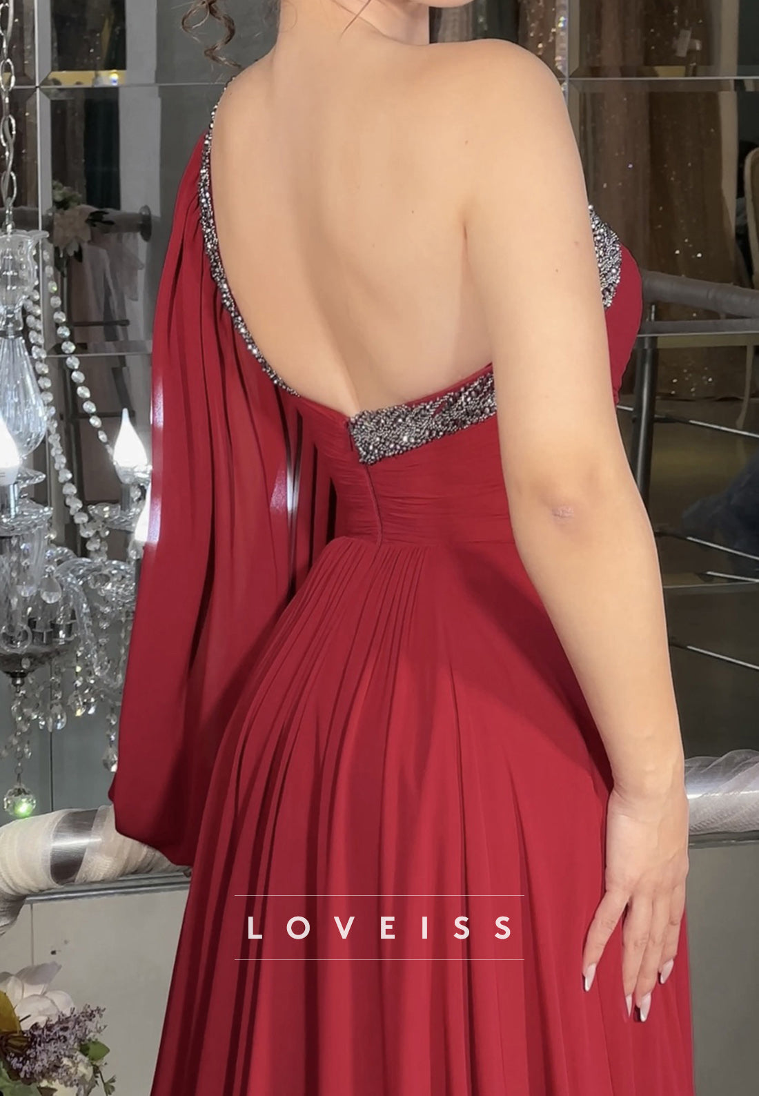 One Shoulder Sleeveless Pleated Beaded A-Line Prom Dress