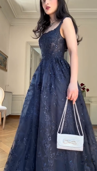 Navy Blue A Line Lace Appliques Prom Dress Elegant Evening Gown