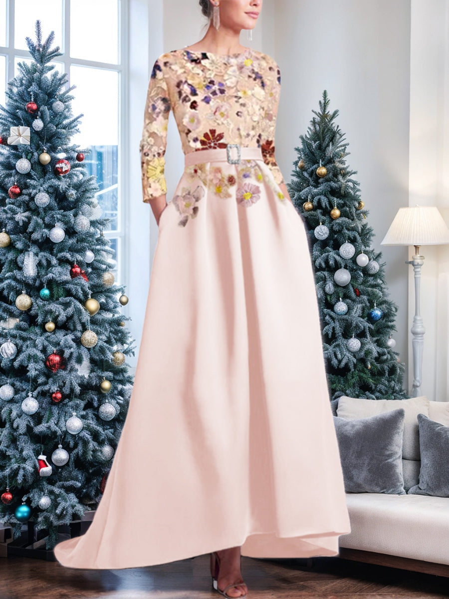 A-Line/Princess Scoop 3/4 Sleeves Asymmetrical Mother of the Bride Dresses with Appliques Lace