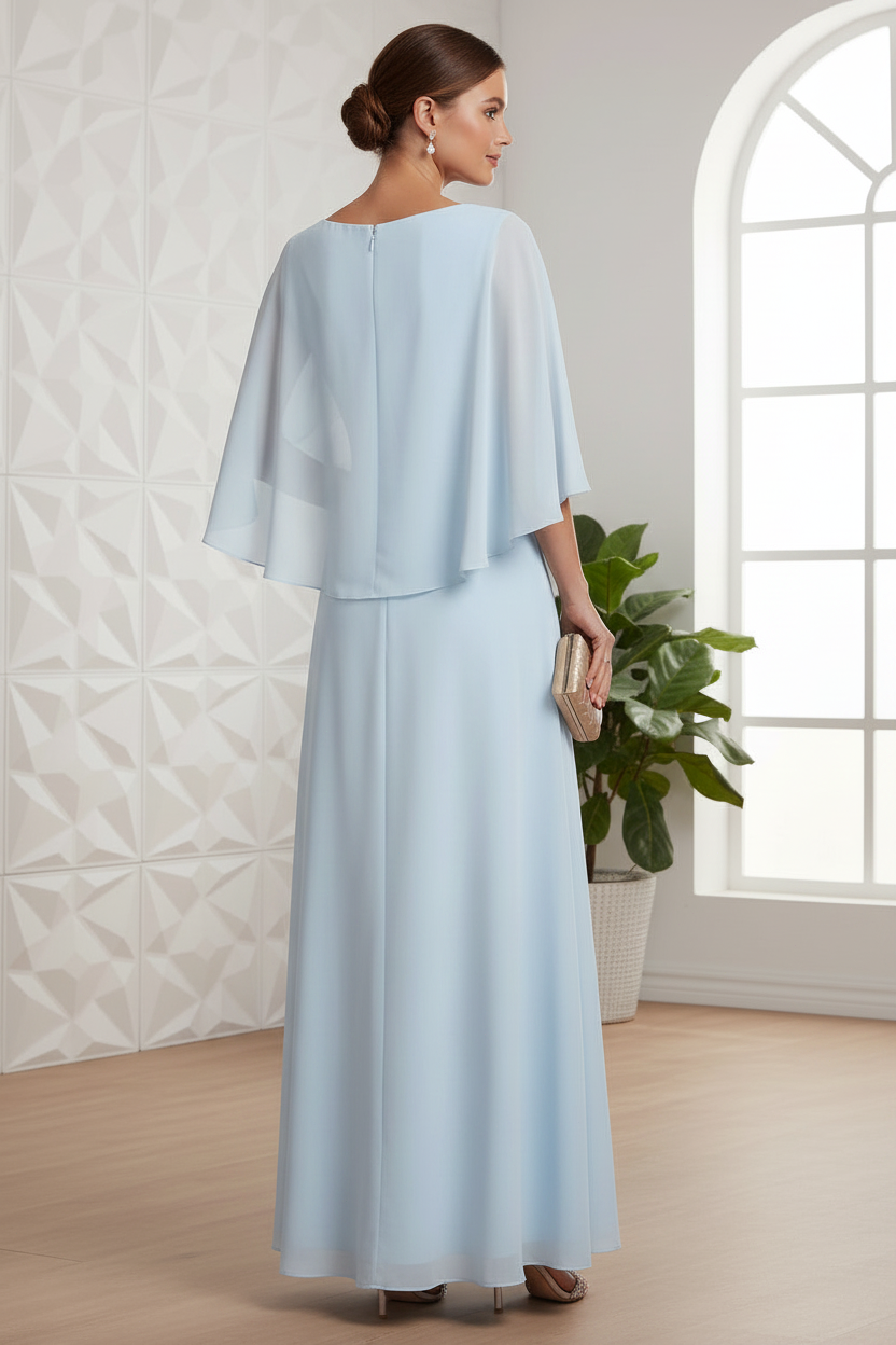 Boat Neck Chiffon Mother of the Bride Dresses Cape Sleeves
