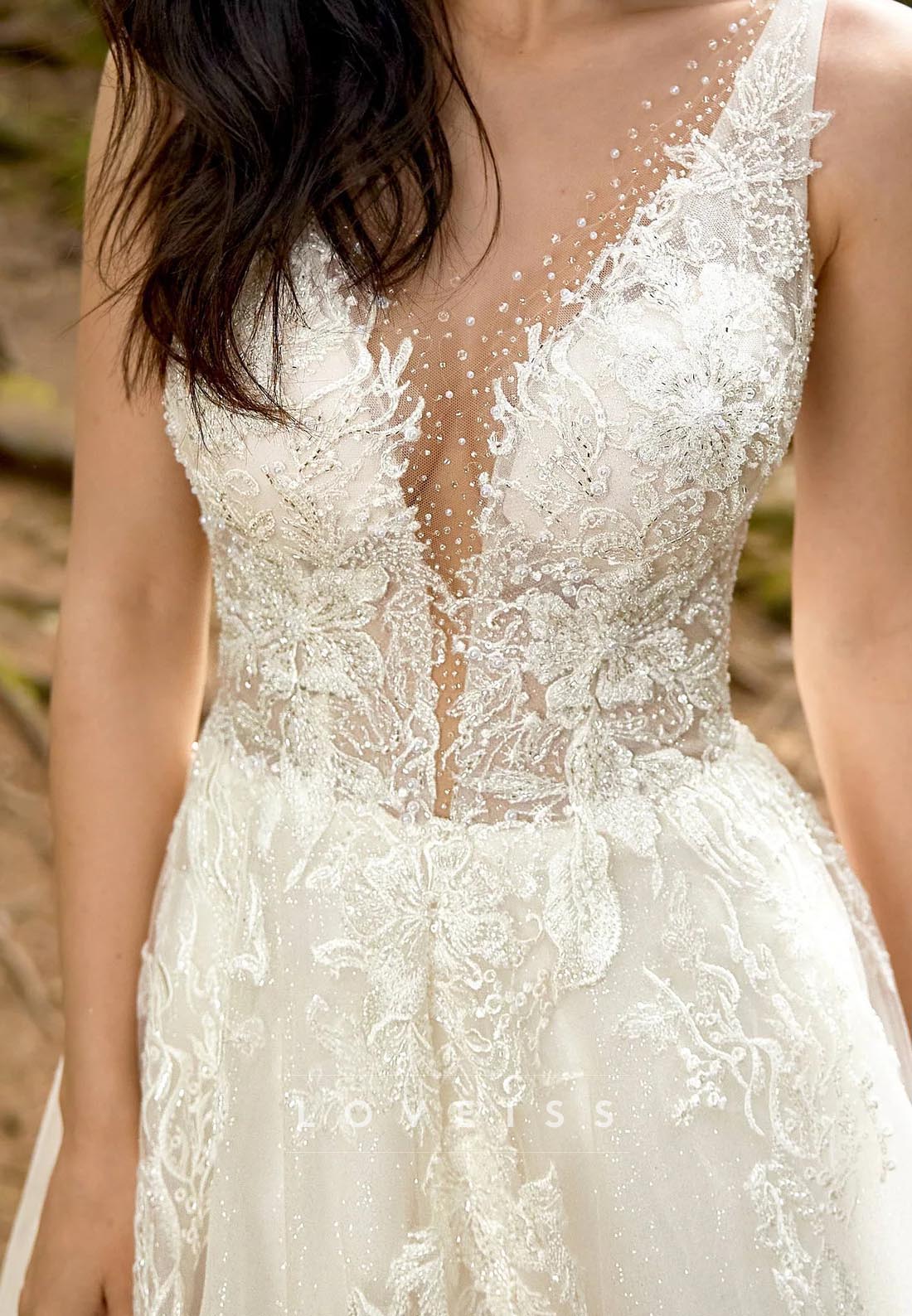 A-Line Deep V-neck Appliques Wedding Dress