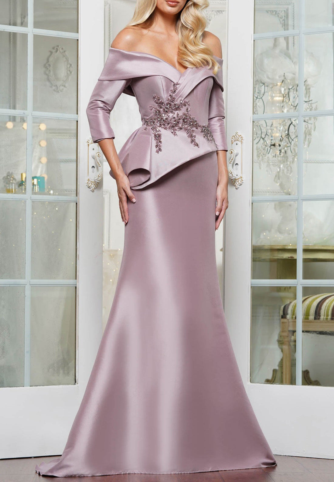 Off-Shoulder Long Sleeves Appliques Ruffled Mermaid Satin Mother of Bride Dress