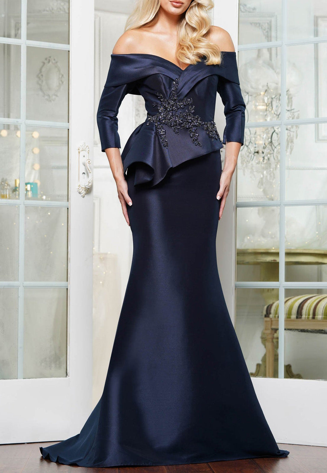 Off-Shoulder Long Sleeves Appliques Ruffled Mermaid Satin Mother of Bride Dress