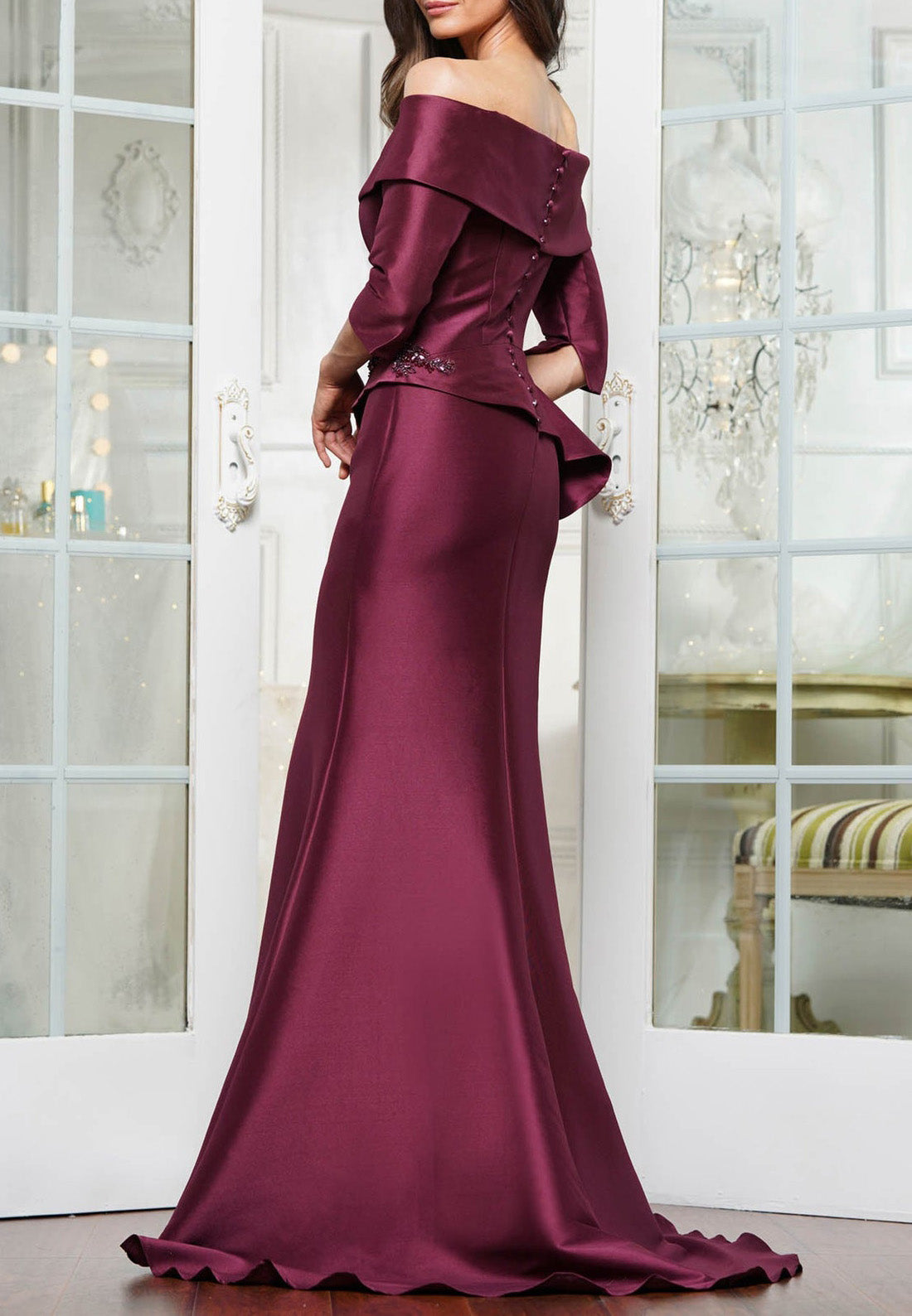 Off-Shoulder Long Sleeves Appliques Ruffled Mermaid Satin Mother of Bride Dress