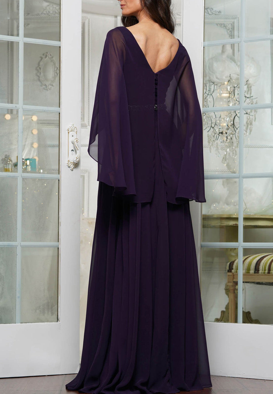 V-Neck Long Sleeves Chiffon Pleated A-Line Mother of Bride Dress