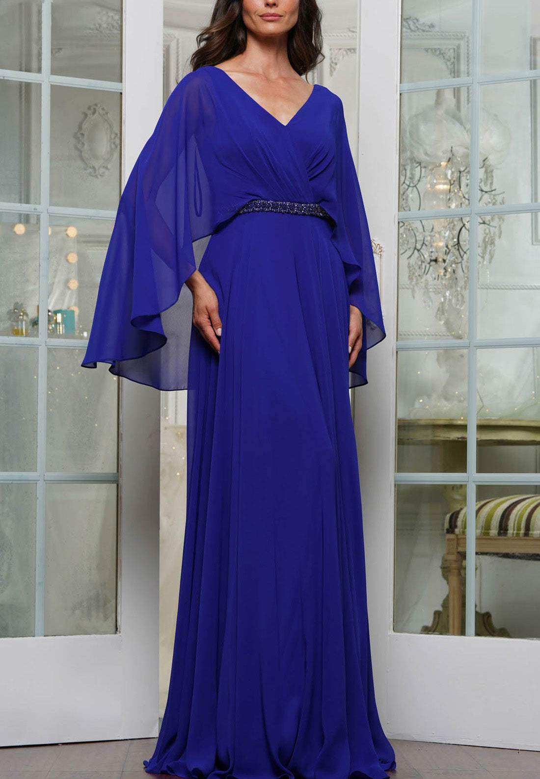 V-Neck Long Sleeves Chiffon Pleated A-Line Mother of Bride Dress