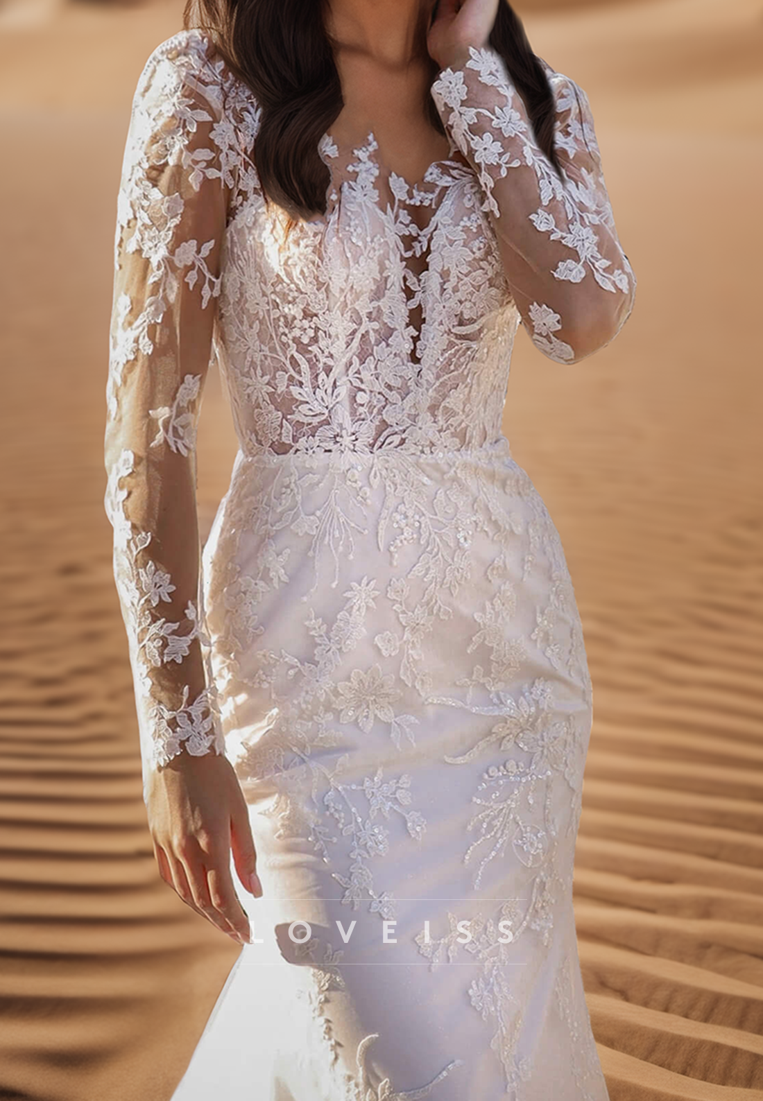 Mermaid V-Neck Long Sleeves Floral Appliques Wedding Dress