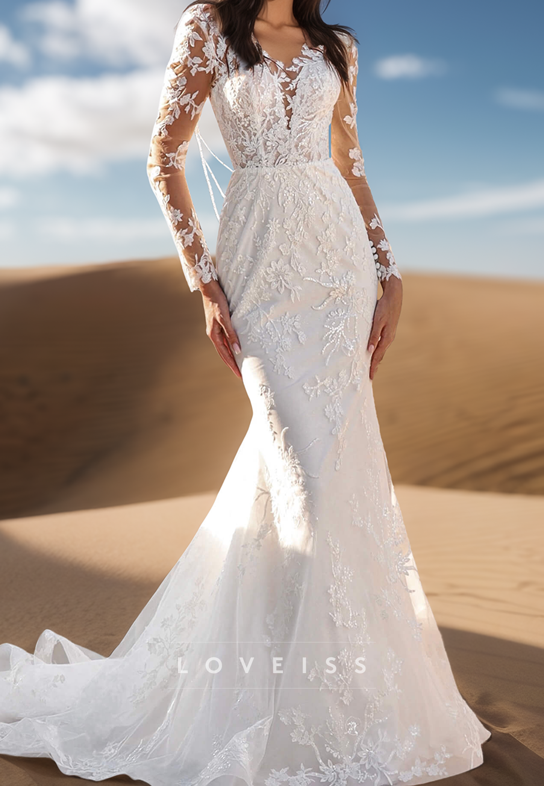 Mermaid V-Neck Long Sleeves Floral Appliques Wedding Dress