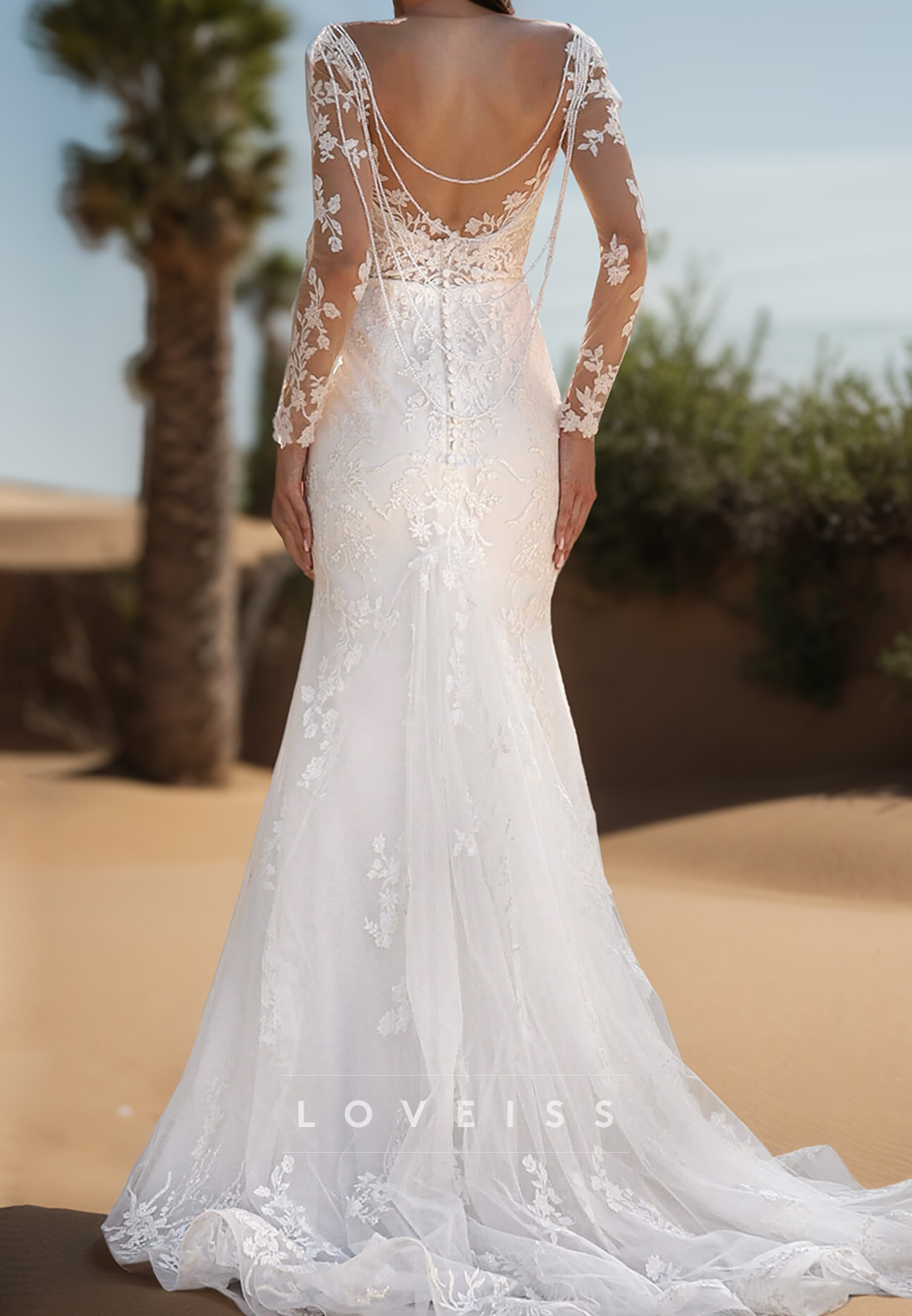 Mermaid V-Neck Long Sleeves Floral Appliques Wedding Dress
