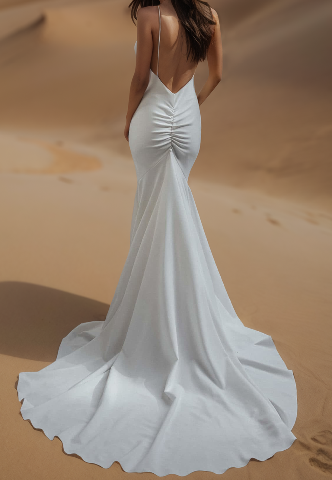 Mermaid V-Neck Spaghetti Straps Pleated Beach Wedding Dress